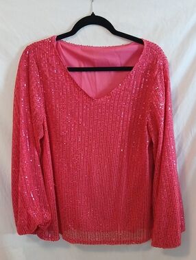 Hot Pink Sequin V-Neck Women's Top SEE VIDEO!